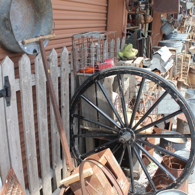 Primitives and wagon wheel for sale at Shipshewana Flea Market