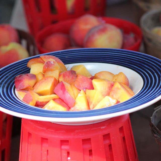 Sample of Michigan red haven peaches at Shipshewana Flea Market